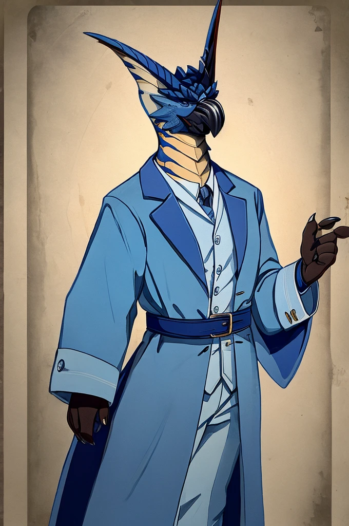 A Legiana as a German official posing for a portrait, white-blue uniform, white gloves, clawed fingers, 4 fingers, 1900s photograph, long coat, open coat, blue outlining, padded fingers, golden-blue belt,