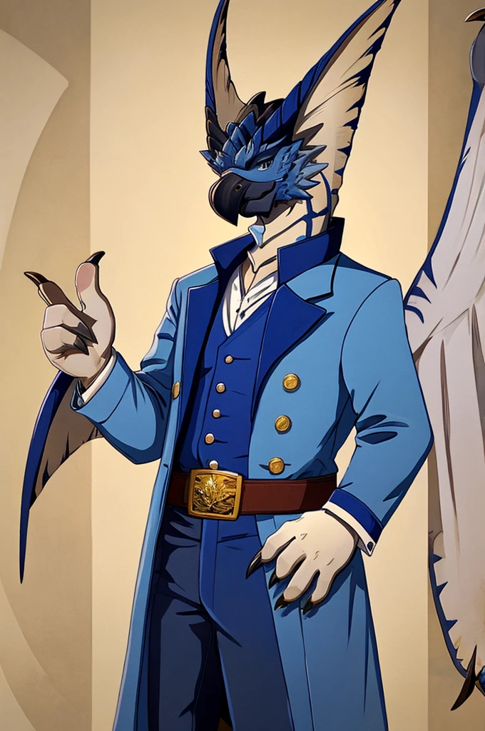A Legiana as a German official posing for a portrait, white-blue uniform, white gloves, clawed fingers, 4 fingers, 1900s photograph, long coat, open coat, blue outlining, padded fingers, golden-blue belt,