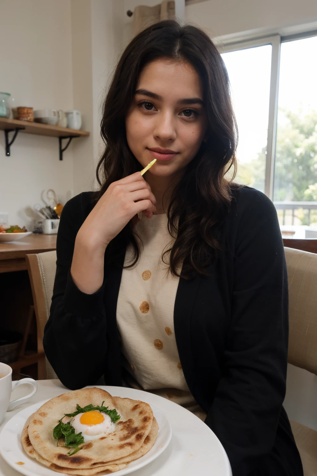 1girl, having royal brunch egg and chapati with fresh juice, sitting on chair, black curly hair, realistic