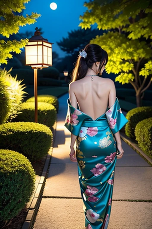 under the charming moonlight, In a peaceful Japanese garden, A beautiful woman in a half-unbuttoned kimono reveals her elegant shoulders and back. The dignified and charming eyes hide unknown secrets. As she strolled gracefully along the garden path, she occasionally stops，Show a fleeting smile to the moon. The soft light of traditional lanterns creates a charming atmosphere, as her loosely tied hair swayed gently, Adds to her elegance and charm.