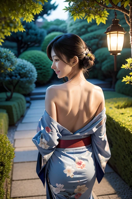 (masterpiece, Highest quality:1.4) 8K, 85mm, Absurd, (Floral Yukata:1.4)violet,No clothes on the back、((Half naked:1.8))、((Facing away,I can&#39;t see your face:2.0)) Gardenia, Delicate girl, alone, night, Not looking at the audience, Upper Body, Film Grain, chromatic aberration, Sharp focus, Face Light, Professional Lighting, Sophisticated, (background, ボケbackground:1.2), detailed aspects,(((Show one breast:1.37))),((Very young and immature & Very few &  Very flat chest:1.2),(Pink fashion glasses,1),(From behind, Showing vagina with penis inside:1.8)