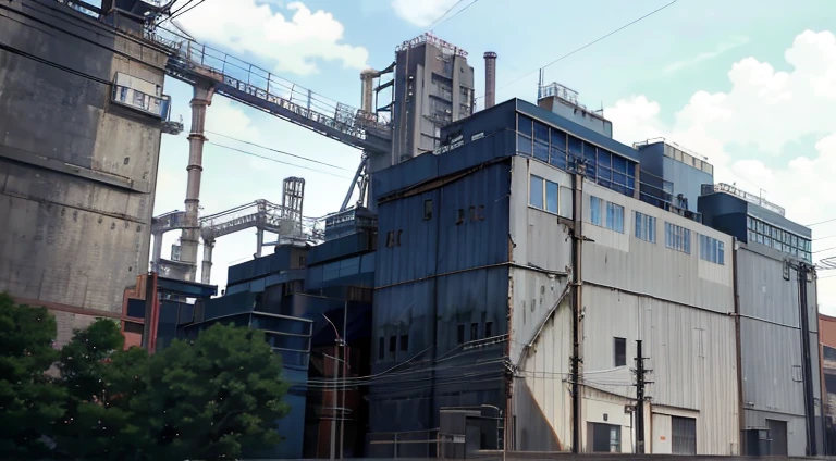 There is a building，There are a lot of windows and a lot of metal, factory background, anime scene, industrial setting, industrial factory, Screenshots from the 2012 animation, industrial setting, Screenshot of the animated movie, Still from TV animation, Opening scene, factories and nature, industrial surrounding, Kuro anime screenshots, Madhouse Studio anime style