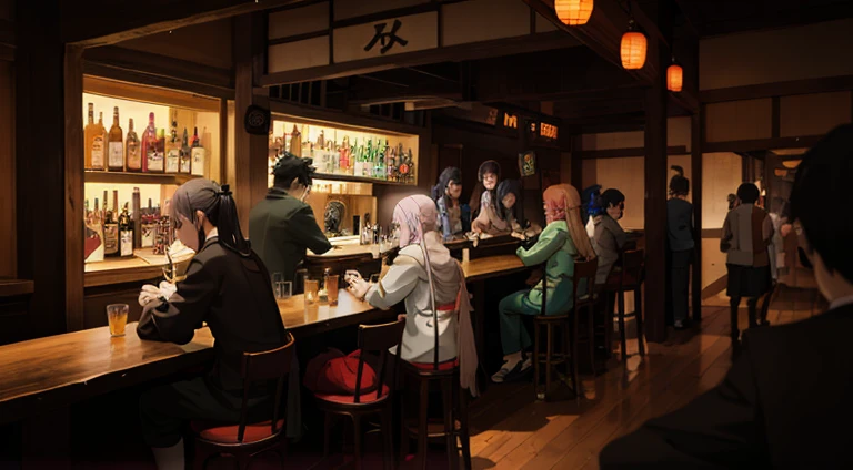 Animation scene in the bar,People are sitting in bars, sitting in a bar, sitting in a bar, at a bar, in a pub, Sitting alone in the bar, drinking at the bar, Inside the bar, Tokyo izakaya scene, anime scene, tokyo anime anime scene, in a pub, background bar, Madhouse Studio anime style