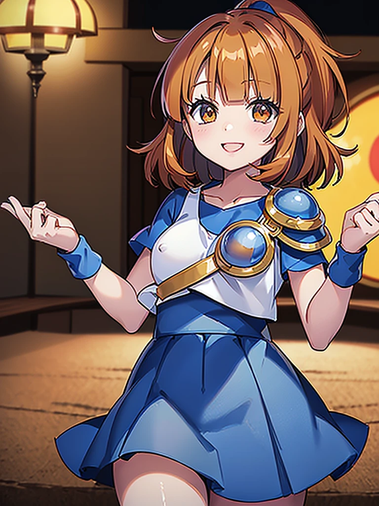 (Arle Nadja from puyopuyo), 1girl, ((((darkorange hair)))), high ponytail, (((((Aligned bangs))))), ((((small tits)))), (golden eyes), ((white T-shirt)), ((blue fluffy skirt)), (blue cloak), (Blue breastplate), Blue wristband, smile, 
masutepiece, Best Quality, (the Extremely Detailed CG Unity 8K Wallpapers), (Best Quality), (Best Illustrations), (Best Shadows), Isometric 3D, Octane Rendering, Ray tracing, super detailed,castle town