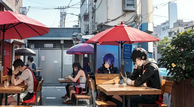 Cartoon image of a man sitting at a table holding a laptop, In a roadside cafe, sitting in a café, tokyo anime anime scene, people sitting at table, Madhouse Studio anime style, anime scene, sitting alone in a cafe, typical anime classroom, Sitting alone in a cafe, style of madhouse anime, slice of life anime, Persona 5 Phantom Thief Style