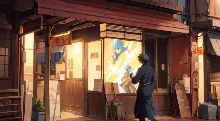 Animation scene of a man standing outside a building with lights on, Screenshot of the animated movie, Madhouse Studio anime style, Anime background art, Opening scene, ( ( Shinkai sincerely ) ), Anime landscape concept art, anime movie screenshot, Makoto Shinkai's style, anime film still, anime scene, Outside the tavern, Chino's journey
