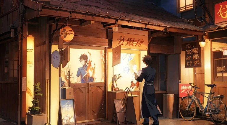 Animation scene of a man standing outside a building with lights on, Screenshot of the animated movie, Madhouse Studio anime style, Anime background art, Opening scene, ( ( Shinkai sincerely ) ), Anime landscape concept art, anime movie screenshot, Makoto Shinkai's style, anime film still, anime scene, Outside the tavern, Chino's journey