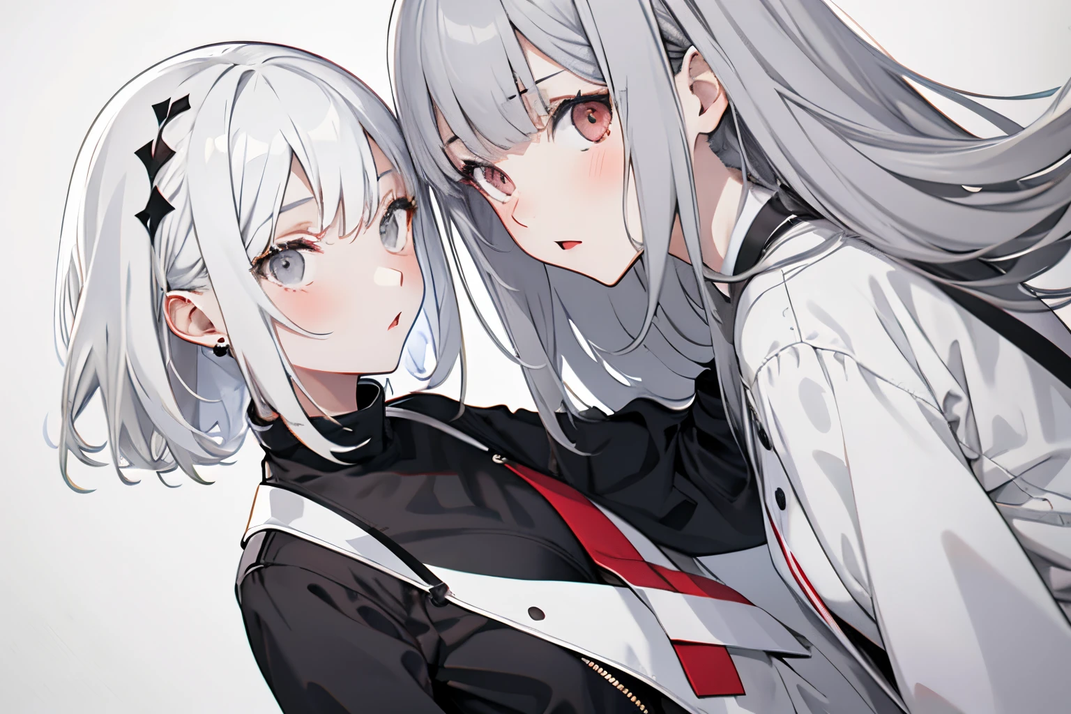 【Highest Quality, masutepiece】 [left girl , Manteau, expressioness, red eyes, front facing, White hair, Slender beauty,straight haired, Bery short hair ,Cafe uniform] (Gray white background:1.5),[ right girl, gray eyes, gray hair,Medium hair]