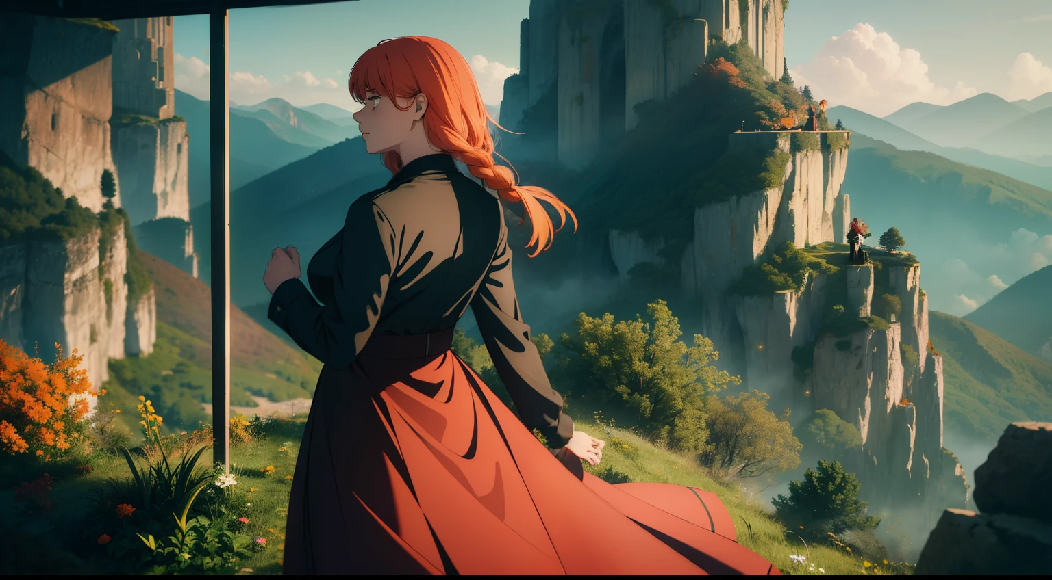 Extremely detailed, wind, anime intonation, vibrant colors, vivid, lighting going to extreme light and extreme shadow, focused on the color green, a woman smiling on her back looking at a landscape from the tip of a cliff with grasses and leaves with autumn colors, red dress, long blonde hair, wind, skin is tanned, the woman has to be highlighted with light in her hair and dress,  leaving both transparent, landscape to which she is looking over the precipice is an extremely green environment, full of trees, villages, mountains (no bigger than where the woman is), with a lot of wind and fluttering leaves everywhere, at the end of this landscape a giant tree, much larger than the mountains, the seas are reflective and the flora has strong shadows,  volumetric lighting, unreal render, octane render, perfect face, perfect dress, perfect hands, perfect face, perfect eyes, ray tracing reflections, ray traced, rtx, hdr, sharpen, cinematic, fantasy atmosphere, leaves flying everywhere to give the feeling of strong wind, extremely strong lighting and shadow, variations between black and light green, mushrooms, flowers, butterflies, bright lights, sun light on every woman,  Sun in the background reflecting throughout the landscape, only nature, no construction shadows and lights 2 times stronger, extremely blue sky with white clouds, transparent red dress, strong colors, strong outline