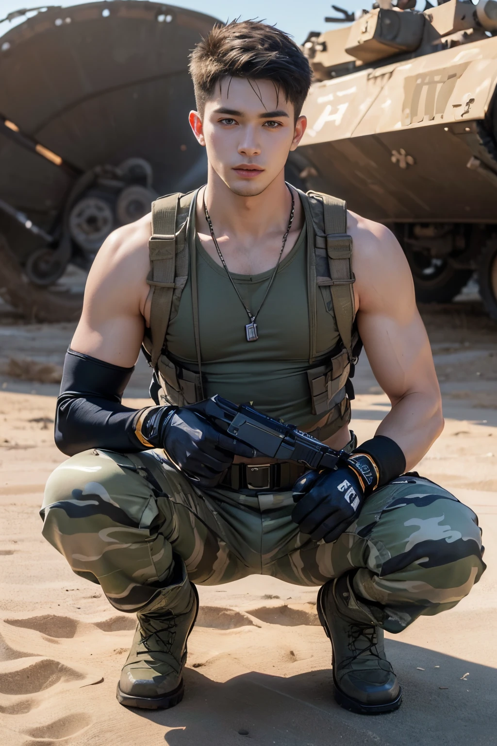 ((masterpiece)), ((best quality:1.2)), High Resolution, 8k, (ultra_realistic:1.3), (photorealistic:1.4), sharp focus, yaoi, 1boy, (perfect face), American soldier, half asian half caucasian, white man, handsome sexysoldier, camouflage pants, tank top, dog tags, gloves, boots, ammunition belt, desert environment