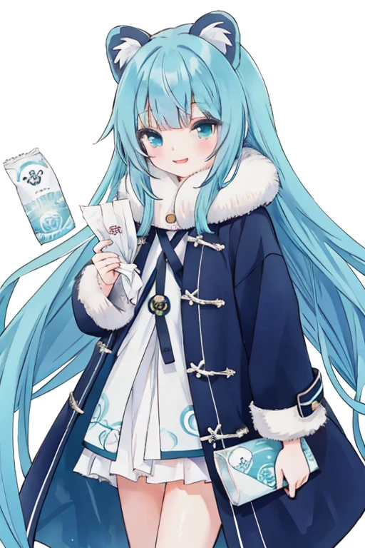 Kawaii Girl,aqua hair,Dark blue eyes,Very long straight hair,Tanuki ears,P coat,A smile,Holding a pocket tissue in your hand,Looking at Viewer,White background