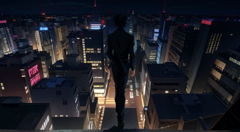Anime scene of a man standing on a city ledge at night, neo tokyo background, Screenshots from the 2012 animation, Still from TV animation, tokyo anime anime scene, Kuro anime screenshots, he is traversing a shadowy city, hd anime cityscape, Today’s recommended anime is still, 2 0 1 9 animation screenshots, anime movie screenshot