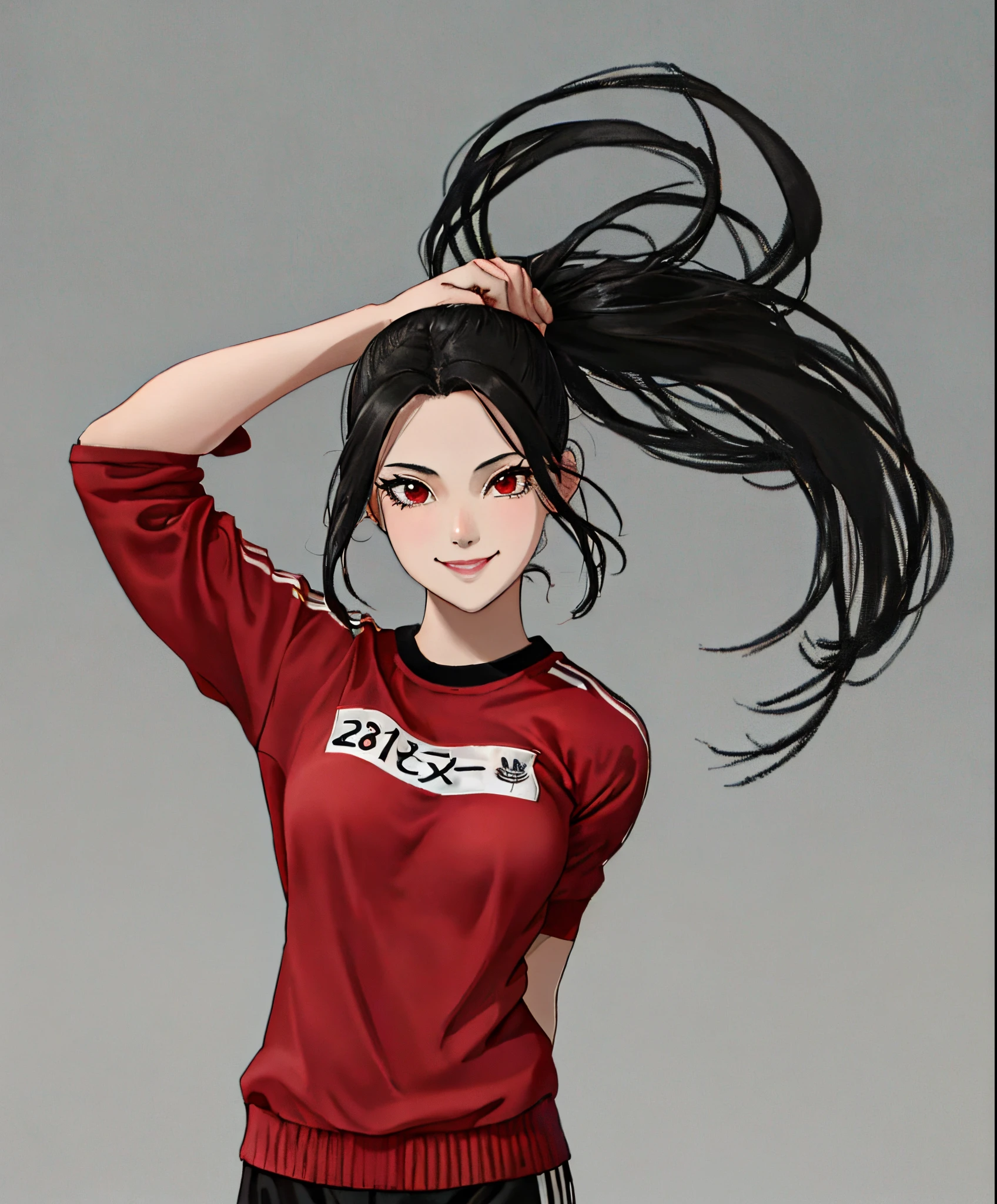 1girl, solo girl, 18 year old, small breast, black hair, long hair, straight hair, red eyes, gym clothes, adidas long black track pant with 3 strip, perfect striped, kawaii style, cute face, quiet type, highres, detailed, official art, anime_style, anime shading, anime screencap style, anime, perfect anatomy, simple background, look at viewer, hand behind head, smile, upper body