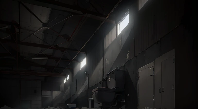 There is a toilet in the dark room，There is light coming in, [[empty warehouse]] Background with, anime lighting, Madhouse Studio anime style, glowing windows, Dark hangar background, dramatic lights. concept-art, random background scene, Anime background art, Mysterious and atmospheric lighting, extremely dim lighting, anime scene, Very atmospheric lighting, anime backgrounds