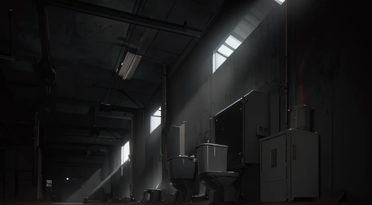 There is a toilet in the dark room，There is light coming in, [[empty warehouse]] Background with, anime lighting, Madhouse Studio anime style, glowing windows, Dark hangar background, dramatic lights. concept-art, random background scene, Anime background art, Mysterious and atmospheric lighting, extremely dim lighting, anime scene, Very atmospheric lighting, anime backgrounds