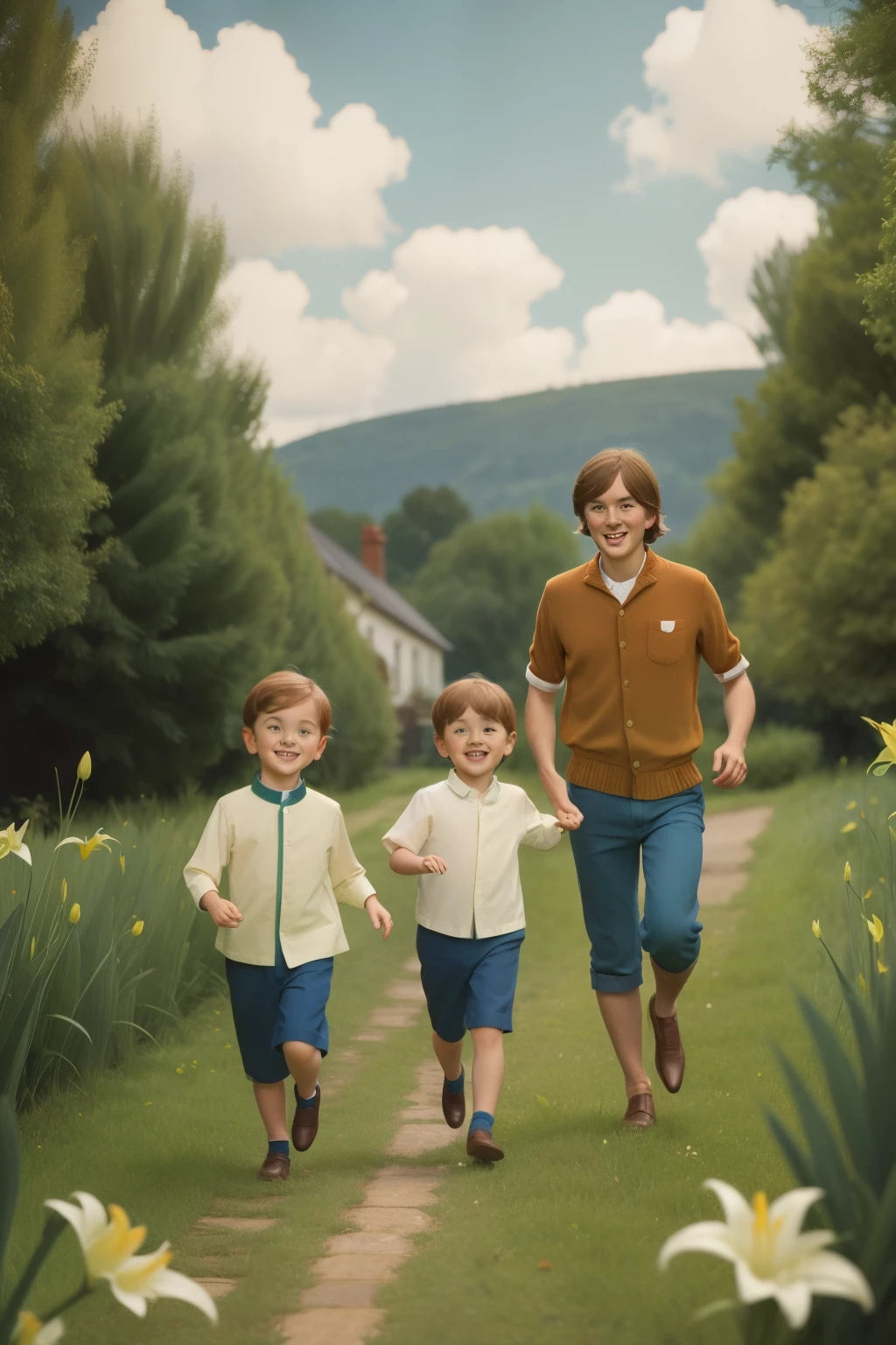 1966, Dubuque, Iowa. Pre-raphaelite scene with a country house, idilic, tall grass, lillies, irises, rill, hill, 5-year-old norwegian-irish twin boys, running around (((with their mom))), (((smile))), ((((casual boy clothing from the 1960s)))), ((straight Hairstyle of the 1960s)), (Wes Anderson cinematic style), colorful