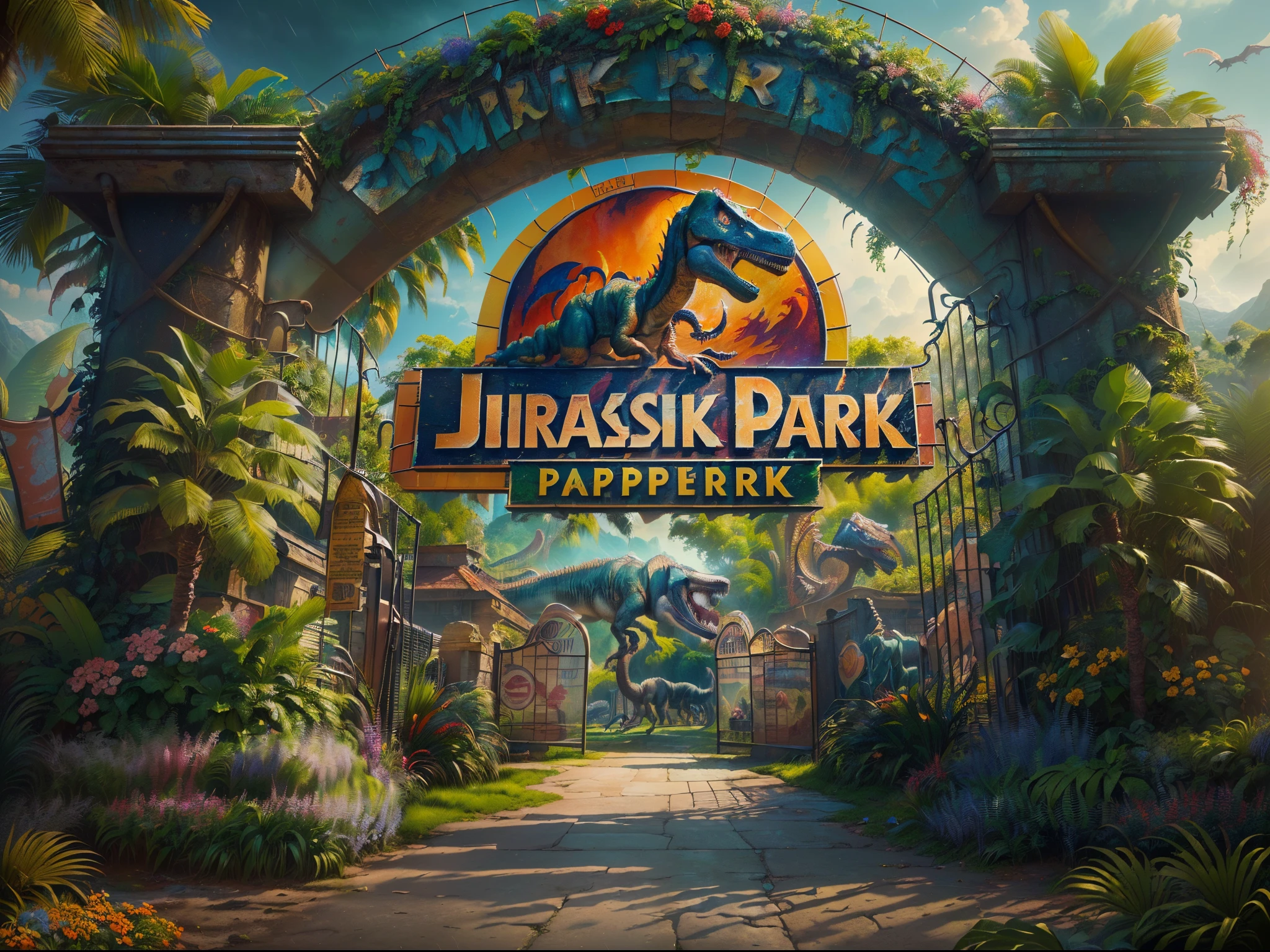 ((best quality)) , ((masterpiece)) , (detailed) ,theme park,Jurassic themes,Park entrance, arch, 8k, ((Magical Realism)), landscape of a Exquisite (Jurassic Park:1.3) , (flower field), Hurricane,(( Overdetailed art)), Disgusting, ((Dramatic spotlight)), F/1.8, four colors, ((Impasto)), HDR, High quality, 8k resolution