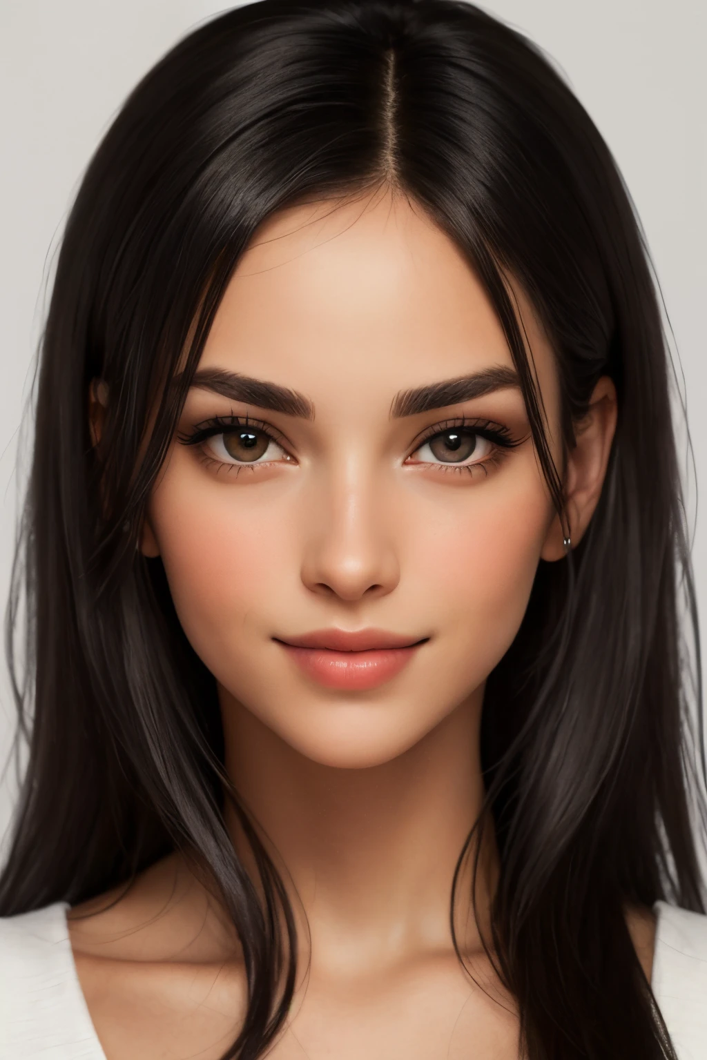Generate a description of a beautiful Italian woman with black hair. Imagine a face with a delicate oval, dark piercing eyes, slightly tilted upward. Well-defined eyebrows accentuate her magnetic gaze. The nose is elegant and slightly rounded at the tip. Full, well-defined lips with a slightly hinted smile that lends a touch of mystery to her face. Skin is a warm, slightly tanned tone, reflecting her Italian heritage. Add details that enhance her natural beauty and charm, reality face