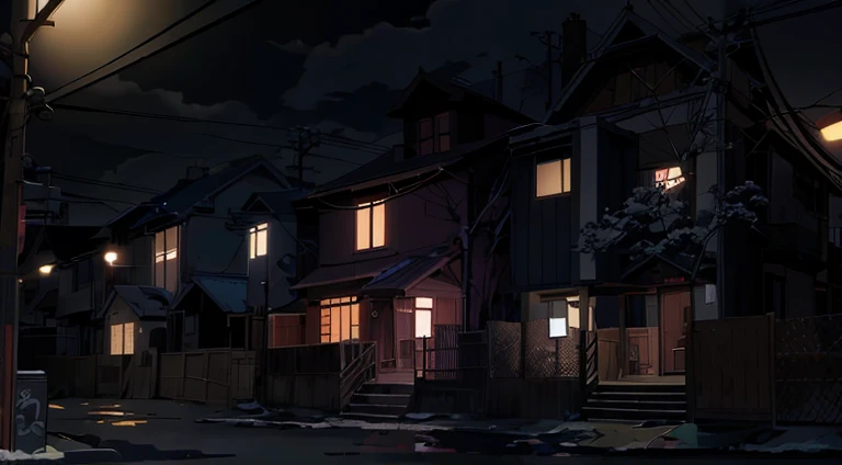 night scene of a street，There are houses and street lights, Madhouse Studio anime style, Anime background art, residential district, House background, style of madhouse anime, dark neighborhood, Makoto Shinkai's style, ( ( Shinkai sincerely ) ), The location of a dark old house, Produced by Anime Painter Studio, atmospheric anime, anime scene
