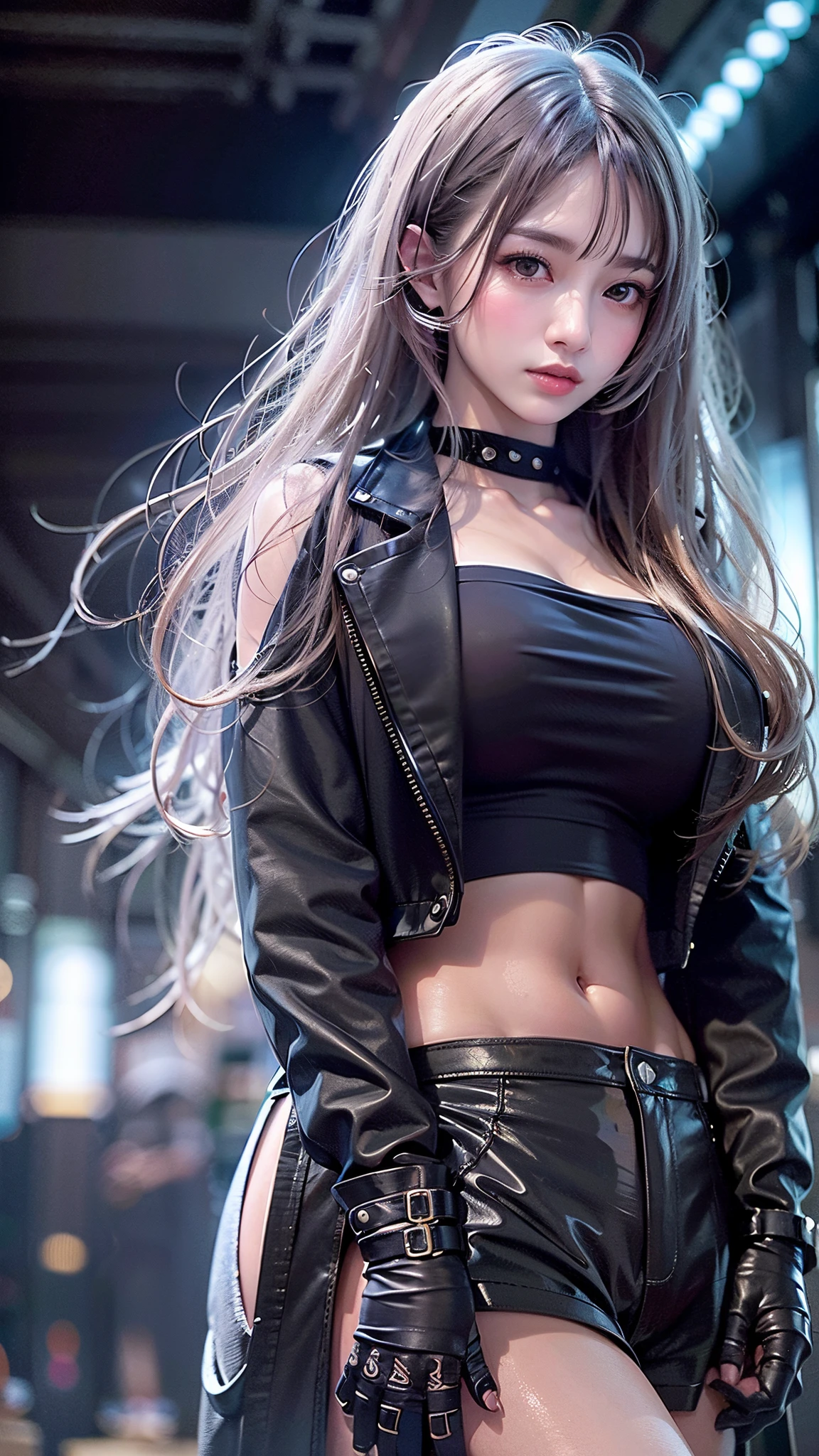 One girl, alone, View Viewer,skinny, smile, no_panties, Large Breasts, (masterpiece),(highest quality),(((Pussy:1.3))), ((photoRealistic)), One girl, (Silver Hair:1.2), (Waist-length hair:1.5), Big Ass, Upper Body, Gray background, lips, Realistic, A konigsreuter, (Cropped Leather Jacket:1.5), (from side:1.5)