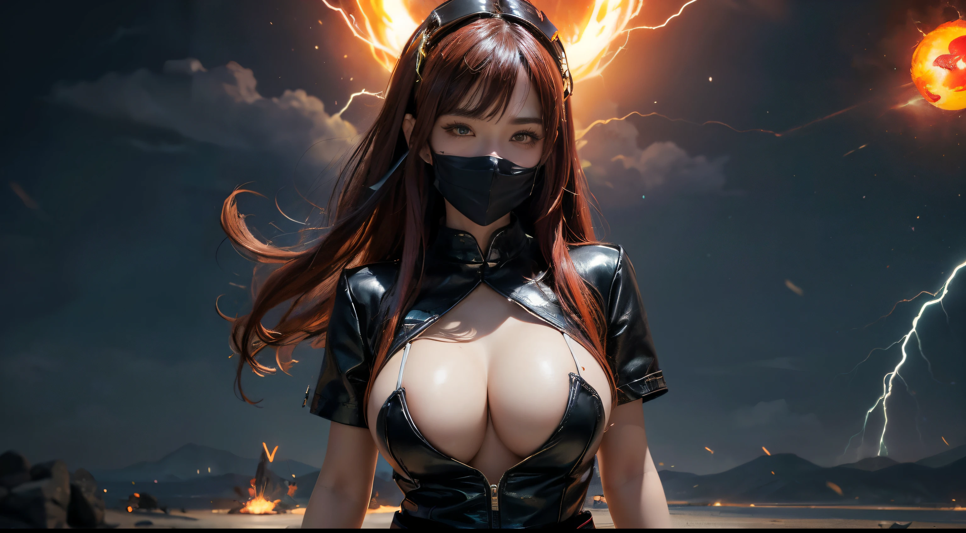 ((best quality)), ((masterpiece)), (detailed), perfect face, ((best quality)), ((masterpiece)), (detailed), perfect face, Big tits, asian girl, dragonball style, beatyful face, energie aura around a girl, goku, dragon ball, ((black and white leather clothes)),( (power)), energie, super powered, ((stocking)), ((she throws the fireball)), looking ahead ,((stocking)), ((orange mask)), ((volt energie around the girl)), ((more boobs)), ((sexy)), more fire, ((more dragon balls)), (lightning),
