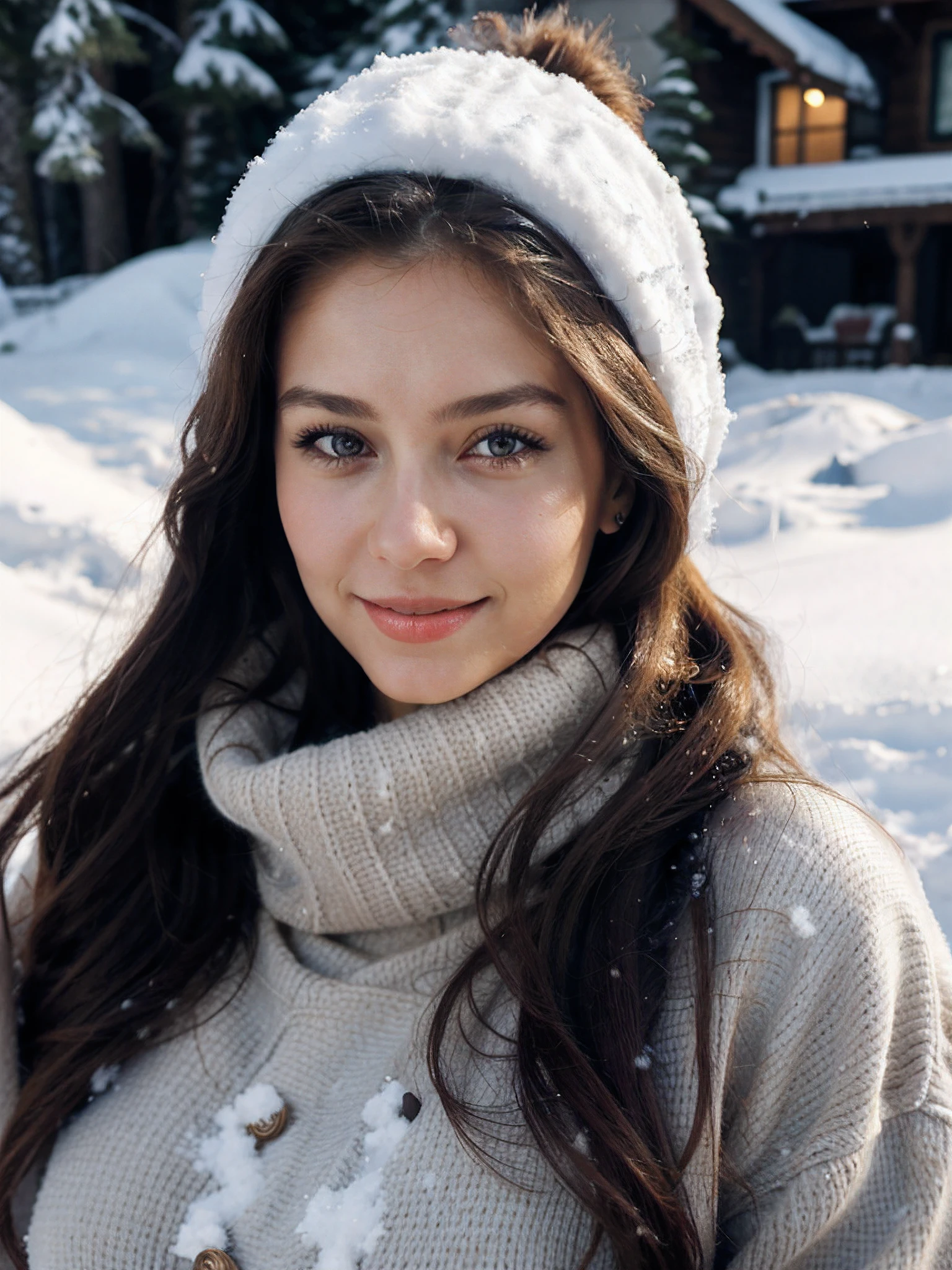 (best_quality, masterpiece:1.2), (detailed), (4k, 8k, uhd, high_resolution, highres), 1girl, large_breasts, portrait_of_femme_fatale, long_hair, realism, realistic, vibrant_colors, winter_sweater_jacket, snow, smile, attractive_eyes, alluring_pose, warm_atmosphere, charming_scenery, snow_covered_landscape, cozy_winter_fashion, natural_lighting,