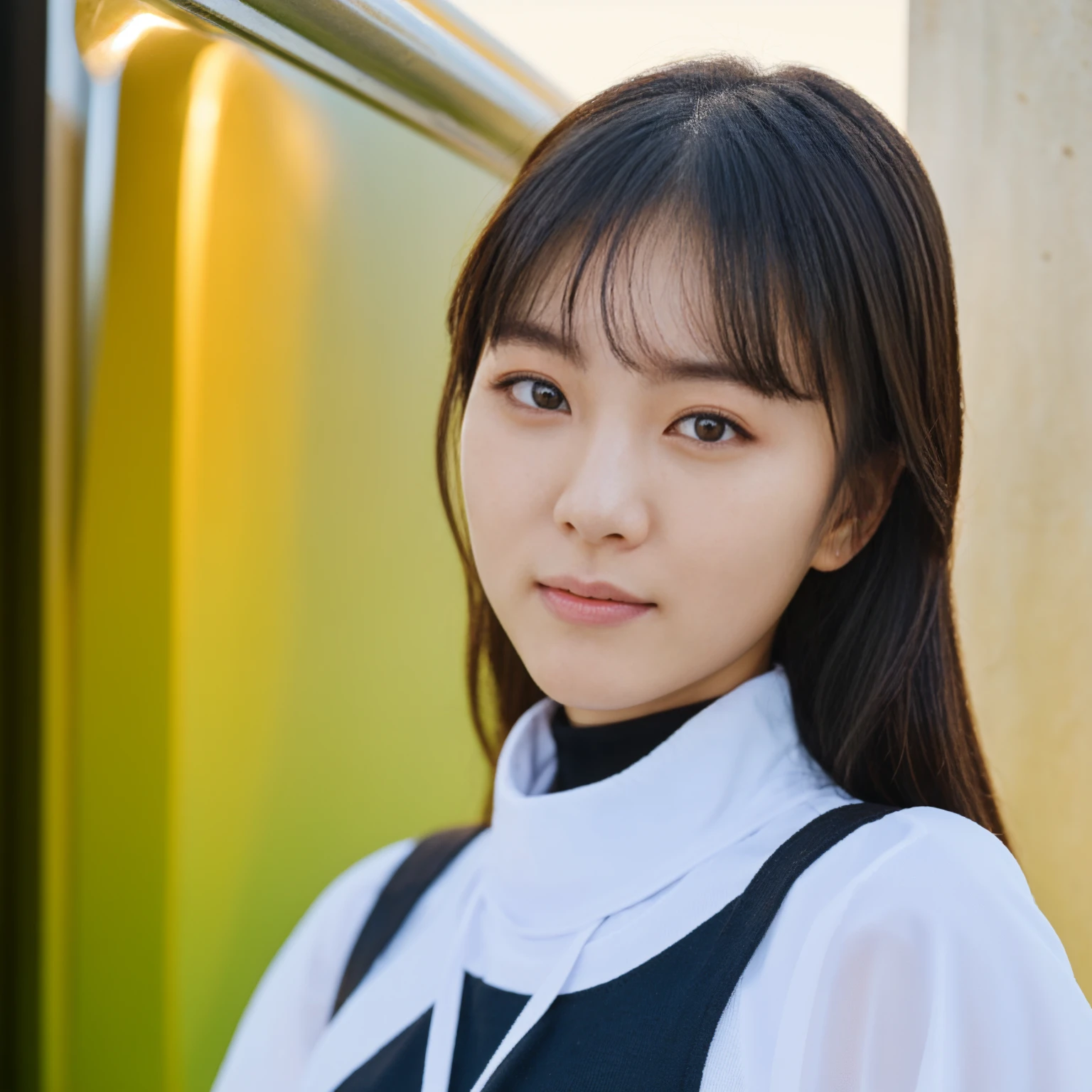 a black and white photo of a woman, sun yunjoo, character album cover, passport photo, slight smile, popular korean makeup, front face asymmetrical, grown up, wearing turtleneck, wet make - up, youthful face