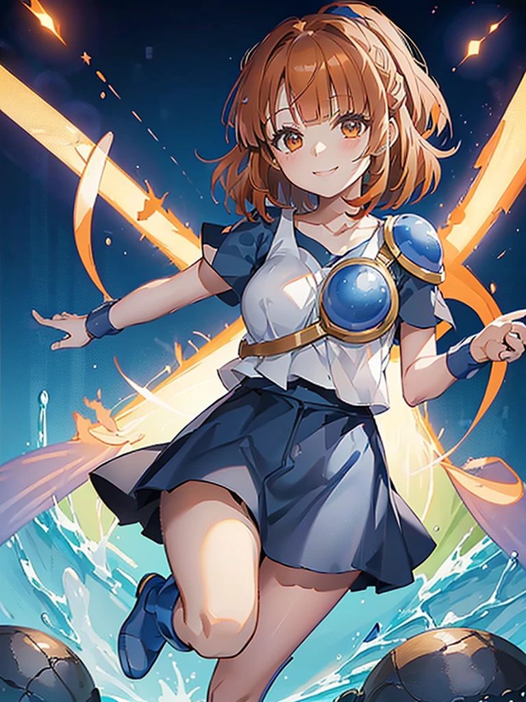 (Arle Nadja from puyopuyo), 1girl, ((((darkorange hair)))), high ponytail, (((((Aligned bangs))))), ((((small tits)))), (golden eyes), ((white T-shirt)), ((blue fluffy skirt)), (blue cloak), (Blue breastplate), Blue wristband, smile, 
masutepiece, Best Quality, (the Extremely Detailed CG Unity 8K Wallpapers), (Best Quality), (Best Illustrations), (Best Shadows), Isometric 3D, Octane Rendering, Ray tracing, super detailed,grass field