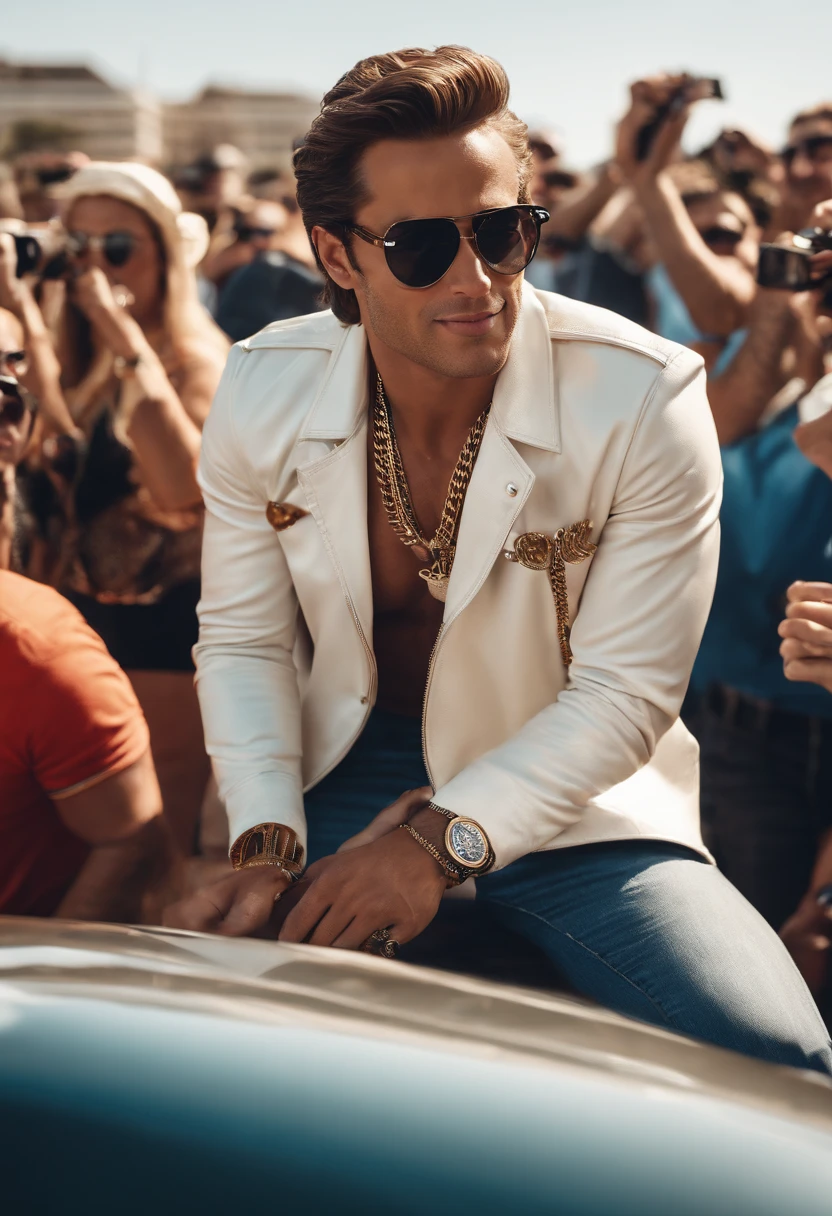 SPONGEBOB enters the scene wearing a straight-brimmed cap, oversized sunglasses and a shiny gold necklace that sparkles in the daylight. Ao fundo, luxury cars are parked, all shiny. He smiles, showing teeth studded with diamonds