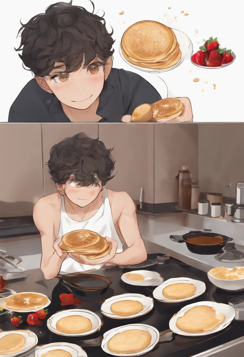 A photo of ugly dog Jinjin attempting to make pancakes, but making a mess instead,original,ugly dog, small, black, male