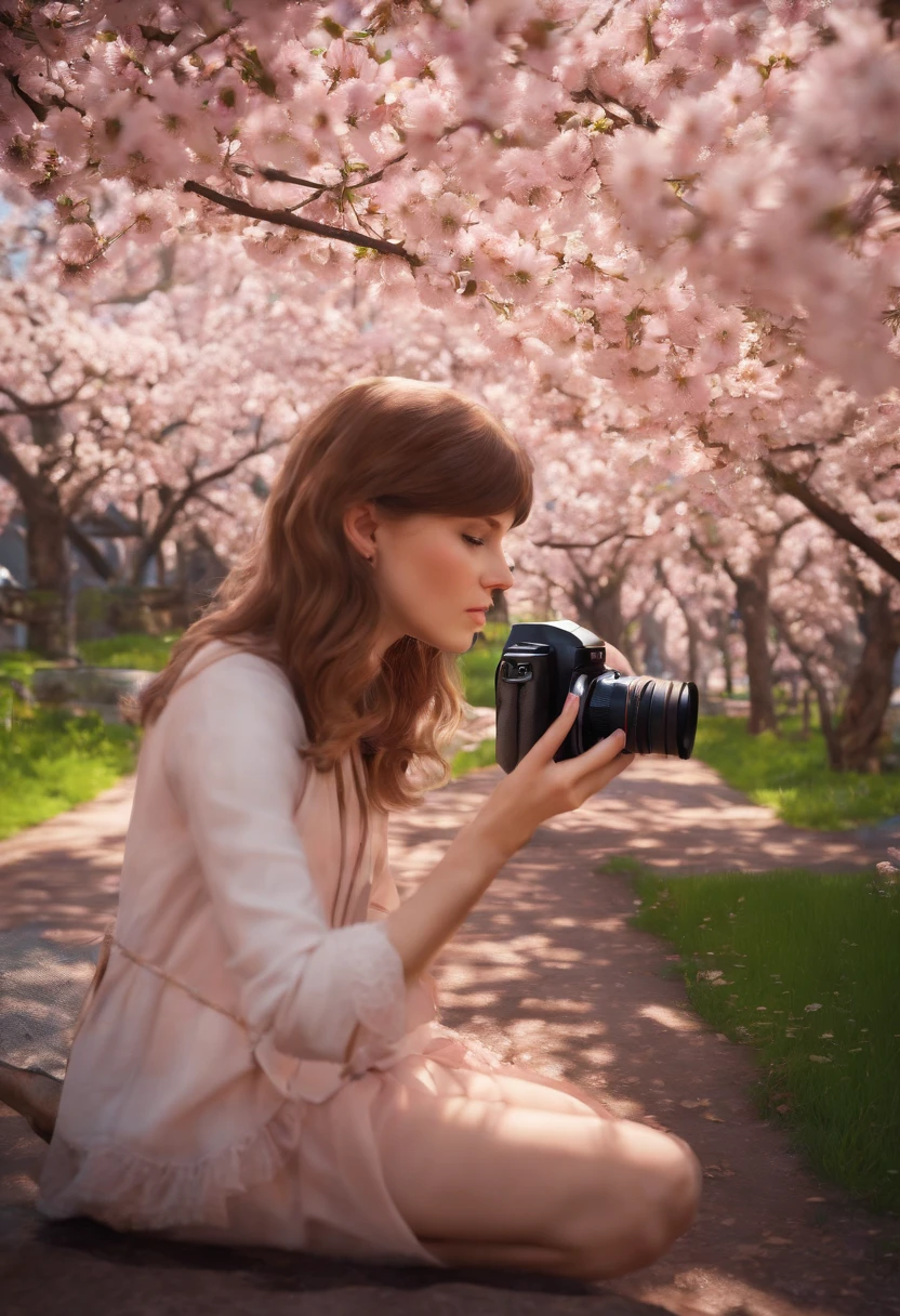 Max is capturing the details of a delicate cherry blossom tree with her vintage film camera,Life is Strange video game series,Max is a teenage girl with short light brown hair, bangs, freckles, green eyes, female