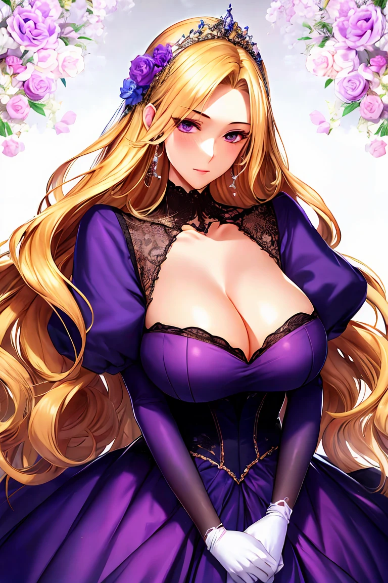 corrupta, shoujo style, floral background, romance manhwa, 1girl, blonde hair, solo, long hair, flower, dress, tiara, white dress, gloves, long sleeves, thick eyeblows, purple eyes, white gloves, purple bow, purple flower, wavy hair, standing, bow, jewelry, looking at viewer, white background, closed mouth, collarbone, puffy sleeves, own hands together, upper body, parted bangs, very long hair, purple dress, frills, bangs, cowboy shot, gigantic sagging breasts, cleavage