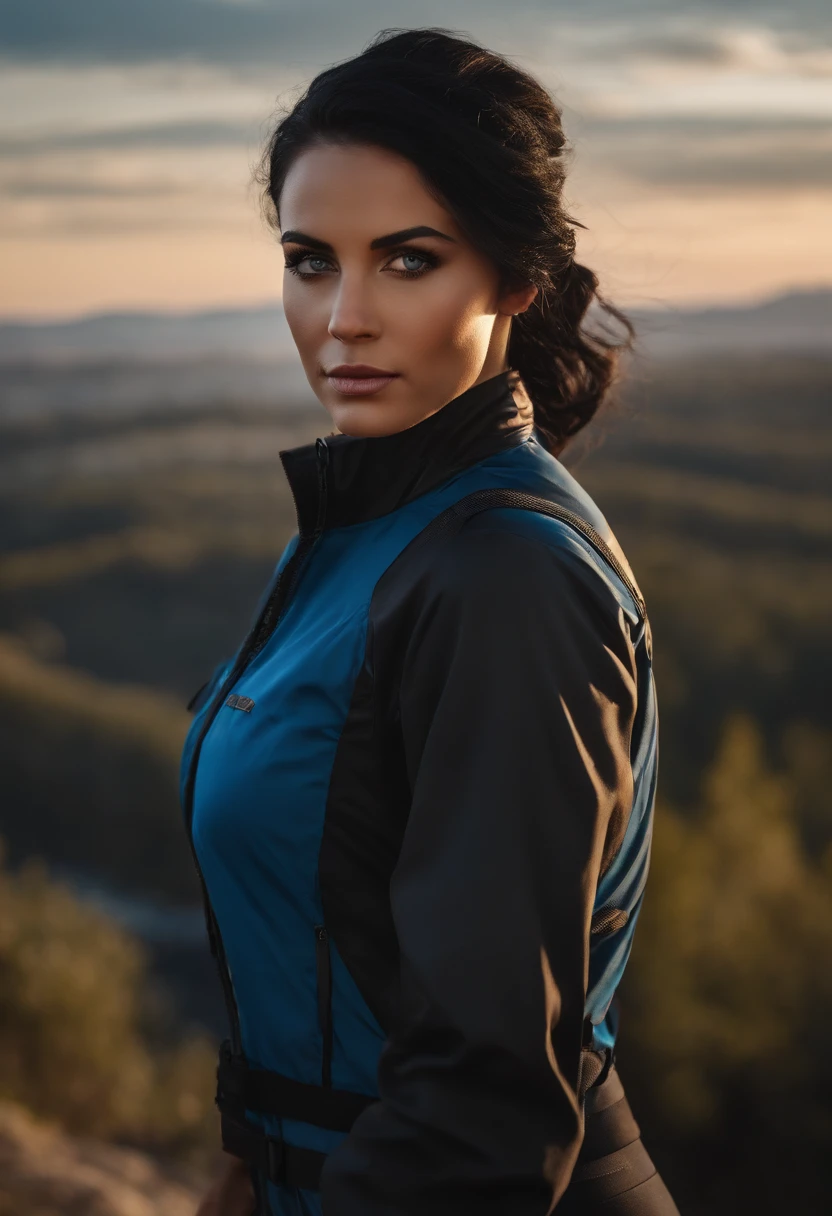 A photo of Madison enjoying a morning hike in the hills overlooking the city.,original,Madison Kane is a tall woman with jet black hair in a ponytail, and piercing blue eyes. Her skin is a fairer tone, and flawless. , female