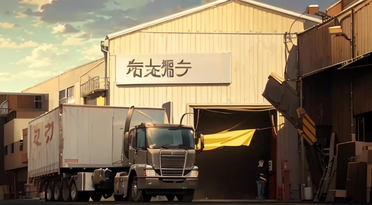 There is a truck parked outside the building，There is a sign on it, Madhouse Studio anime style, Screenshots from the 2012 animation, anime opening, Opening scene, Kuro anime screenshots, Still from TV animation, anime scene, madhouse anime studios, [[empty warehouse]] Background with, 2 0 1 9 animation screenshots