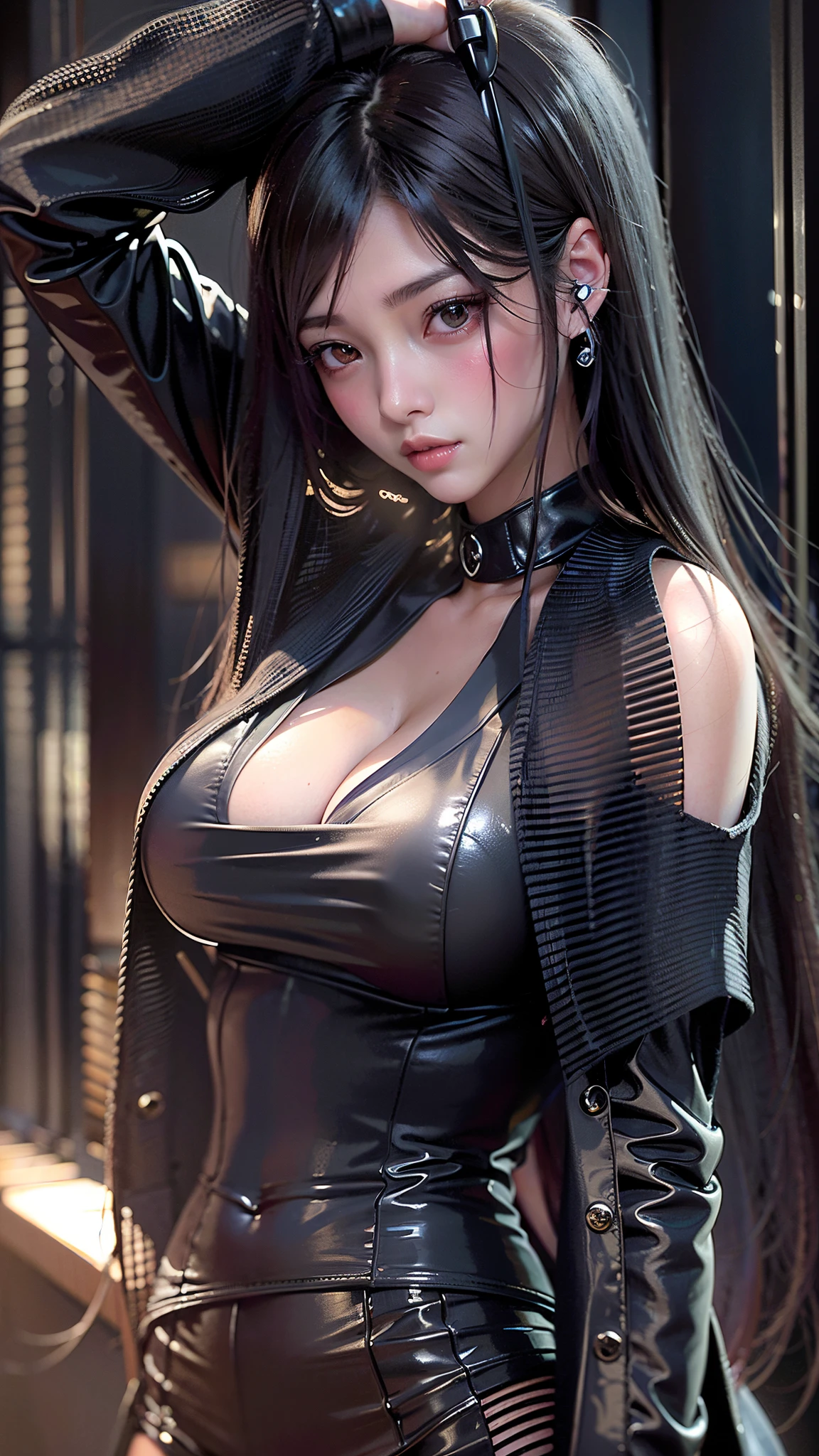1 beautiful young girl, Super beautiful detailed face、 Symmetrical black eyes), hime cut hair, (Fine face:1.2), High quality, Realistic, Highly detailed CG unified 8K dendenden wallpaper, Highly detailed, High-definition raw color photos, Professional Photography, Realistic portrait, Cinematic Light, Beautiful detailed, Super Detail, high details, depth of fields, semi long hair、(thighs thighs thighs thighs、beauty legs)、Bare legs、 Super beautiful detailed face, (KPOP Idol Face),(Best Quality, 4K, 8K, hight resolution, masutepiece:1.2), Ultra-detailed, (Realistic, Photorealistic, Photorealsitic:1.37), (Beautiful detailed eyes, Beautiful detailed lips, extremely detailed eye and face), (Big Tits, ultra gigantic tits, Glamorous body), ((Black leather clothing、Black leather long coat)),(Long black straight hair, Shiny hair, Shiny skin), (Holding a weapon in your hands)、((Sharp eyes))、(midnight cyberpunk city)、(pointing weapon at the viewer)、(Midnight City)、Midnight City、leather thimble gloves、Dark