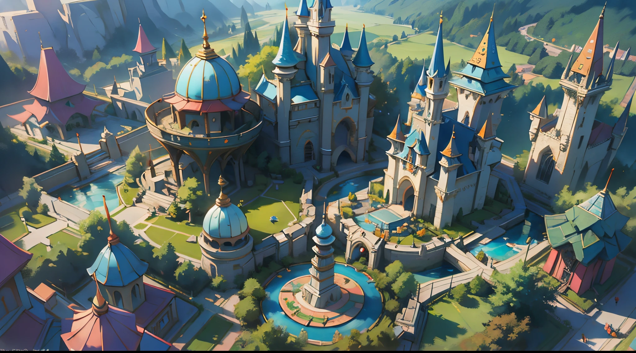 aerial perspective，（disney theme park：1.4），Beyond imagination，Overclocked renderer，Colorful，vibrant with colors，high high quality，16K resolution，（Best quality at best），（tmasterpiece），ultra - detailed，detailed detail，Accurate