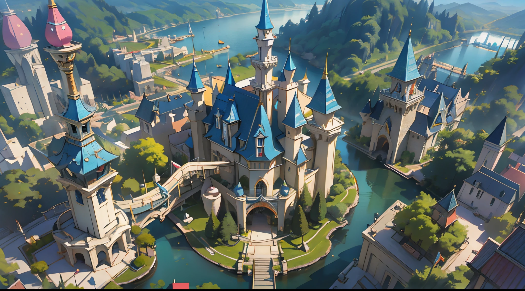 aerial perspective,(disney theme park:1.4),Beyond imagination,Overclocked renderer,Colorful,vibrant with colors,high high quality,16K resolution,(Best quality at best),(tmasterpiece),ultra - detailed,detailed detail,Accurate