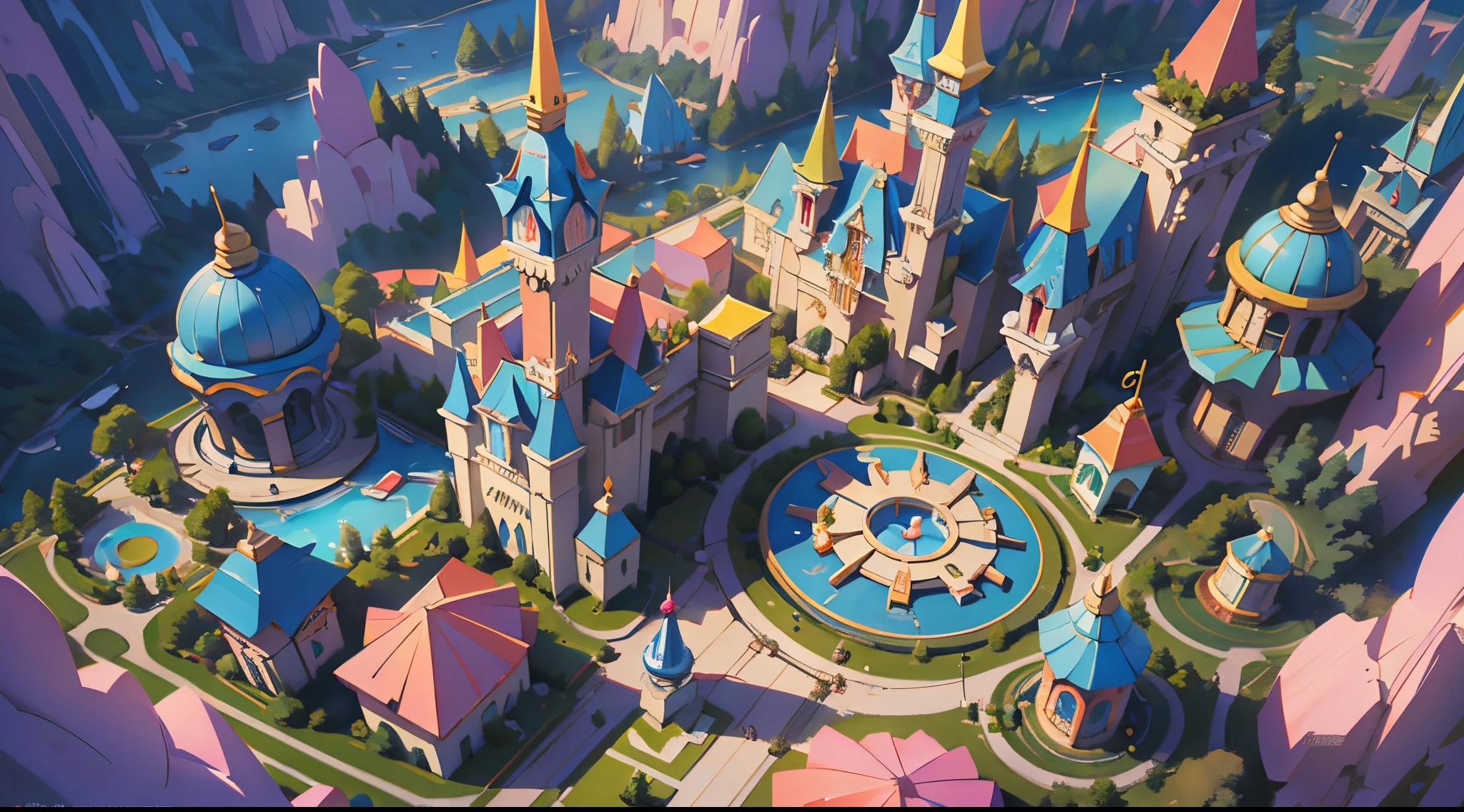 aerial perspective，（disney theme park：1.4），Beyond imagination，Overclocked renderer，Colorful，vibrant with colors，high high quality，16K resolution，（Best quality at best），（tmasterpiece），ultra - detailed，detailed detail，Accurate