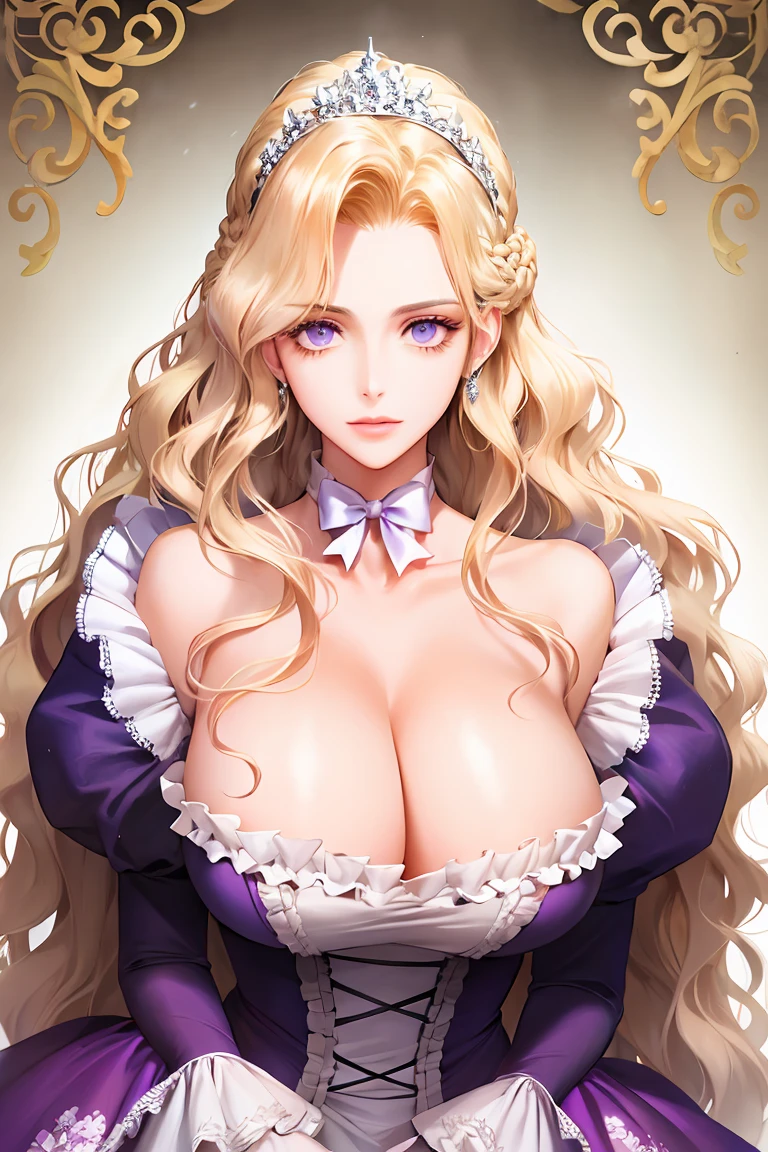 corrupta, shoujo style, floral background, romance manhwa, 1girl, blonde hair, solo, long hair, flower, dress, tiara, white dress, gloves, long sleeves, thick eyeblows, purple eyes, white gloves, purple bow, purple flower, wavy hair, standing, bow, jewelry, looking at viewer, white background, closed mouth, collarbone, puffy sleeves, own hands together, upper body, parted bangs, very long hair, purple dress, frills, bangs, cowboy shot, gigantic sagging breasts, cleavage