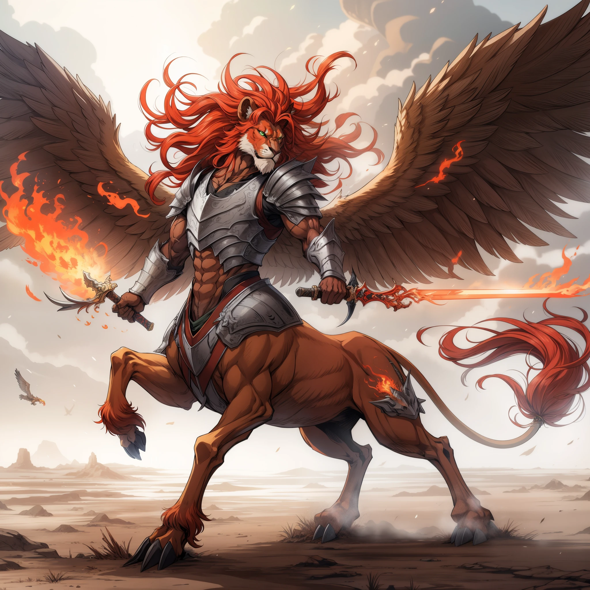 (masutepiece, of the highest quality), (Perfect athlete body: 1.2), (detailed hairs), ultra-detailliert, Anime style, Full body, Solo, lion-headed centaur, Spread your eagle wings, Holding a flaming sword, red mane and green eyes, Wear battle armor, The lower body is that of a quadrupedal bull......., wasteland place, White background, Whole body, ((a flame burning in your hands ))