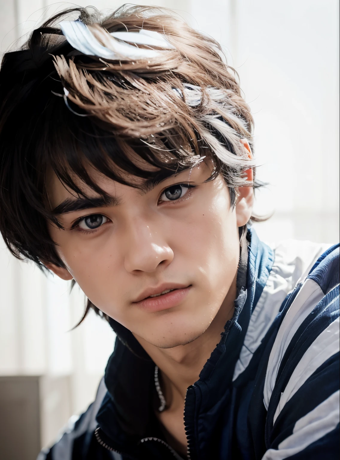 anime boy with a blue and white jacket, left eye covered with hair, hair between eyes, lkentaro miura manga art style, kentaro miura art style, handsome guy in demon slayer art, kentaro miura manga style, miura kentaro style, anime handsome man, xqc, kentaro miura art, manga style of kentaro miura