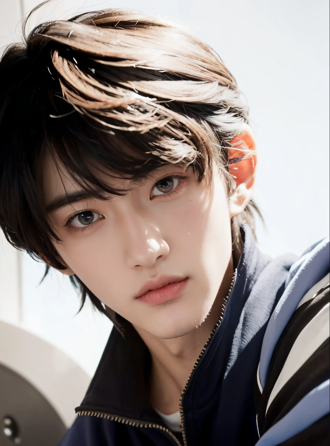 anime boy with a blue and white jacket, left eye covered with hair, hair between eyes, lkentaro miura manga art style, kentaro miura art style, handsome guy in demon slayer art, kentaro miura manga style, miura kentaro style, anime handsome man, xqc, kentaro miura art, manga style of kentaro miura