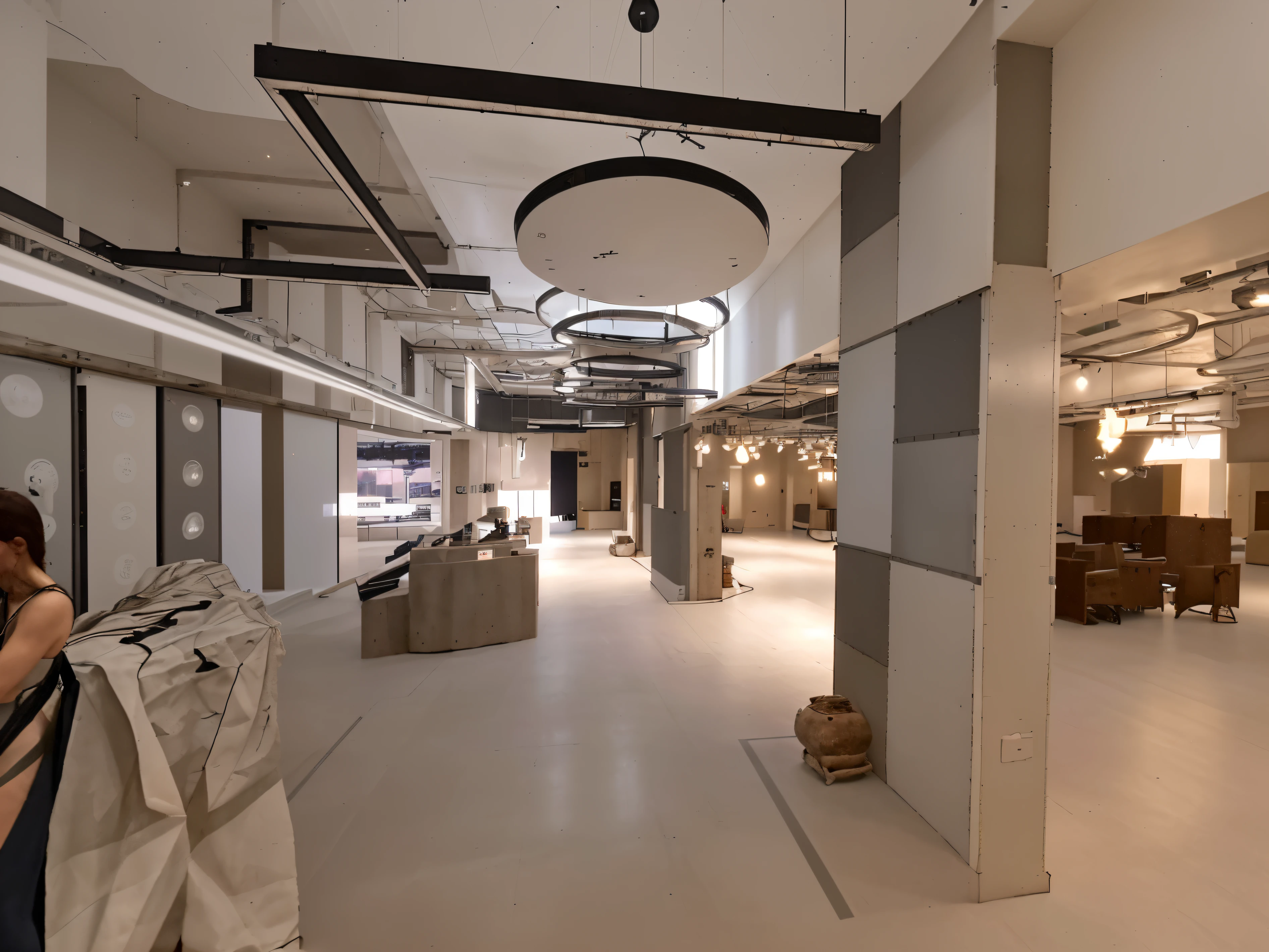 a large room with a lot of lights, show room scene, suspended ceiling,  showroom, concrete hitech interior, gallery lighting, commercial lighting, exhibition hall lighting, interior lighting, lighting, eora, indoor lighting, overhead ground floor, nikolay, inside the building, сinematic lighting, dark show room, decoration