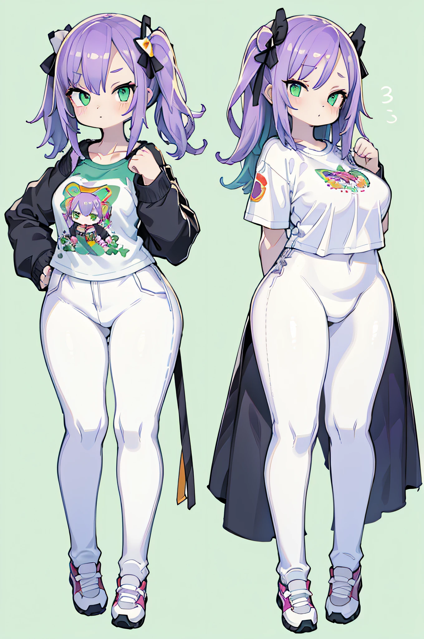 (CHARACTER ROTATION LIST:1.3), multiple views, Bright (Plain green background:1.3), 1girl ,pawg, 1girl, Bosnian woman, in a T-shirt with an abstract pattern, overlapping shapes and vibrant colors., Average Breasts,, purple hair, Masterpiece, Best Quality, High-heeledshoes, thights, full - body