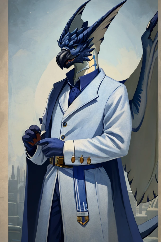 A Legiana as a German official posing for a portrait, white-blue uniform, white gloves, clawed fingers, 4 fingers, 1900s photograph, long coat, open coat, blue outlining, padded fingers, golden-blue belt,