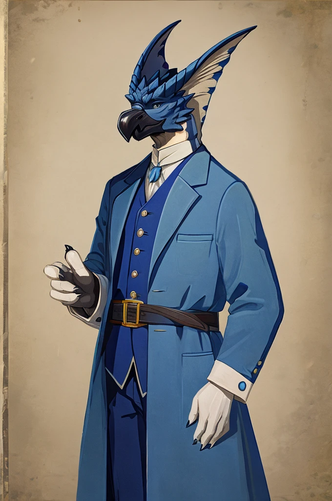 A Legiana as a German official posing for a portrait, white-blue uniform, white gloves, clawed fingers, 4 fingers, 1900s photograph, long coat, open coat, blue outlining, padded fingers, golden-blue belt,