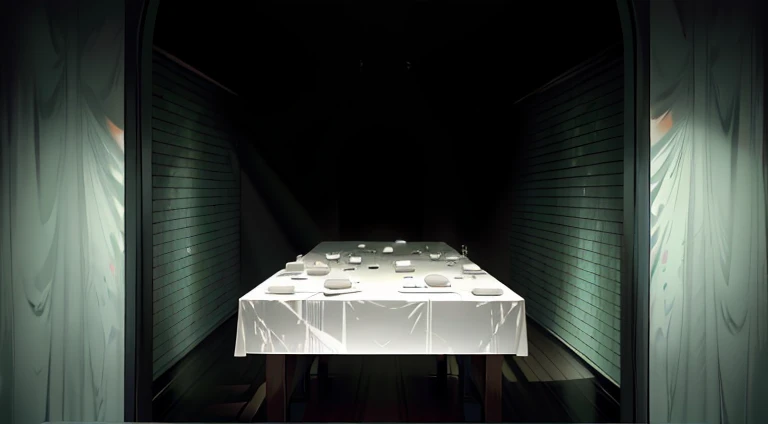 Dark room with a bed,green light on, video static, There is a skull above the table, hyperrealistic”, hyperrealistic”, hyperrealistic”, Refik Anadol, hyperrealistic”, hyperrealistic”, tokujin yoshioka, museum diffuse lighting, marble table, mystical!!, award winning”, award winning”, conceptual installation, White table