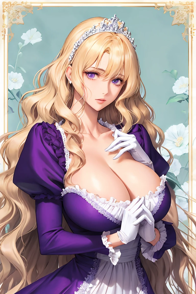 corrupta, shoujo style, floral background, romance manhwa, 1girl, blonde hair, solo, long hair, flower, dress, tiara, white dress, gloves, long sleeves, thick eyeblows, purple eyes, white gloves, purple bow, purple flower, wavy hair, standing, bow, jewelry, looking at viewer, white background, closed mouth, collarbone, puffy sleeves, own hands together, upper body, parted bangs, very long hair, purple dress, frills, bangs, cowboy shot, gigantic sagging breasts, cleavage