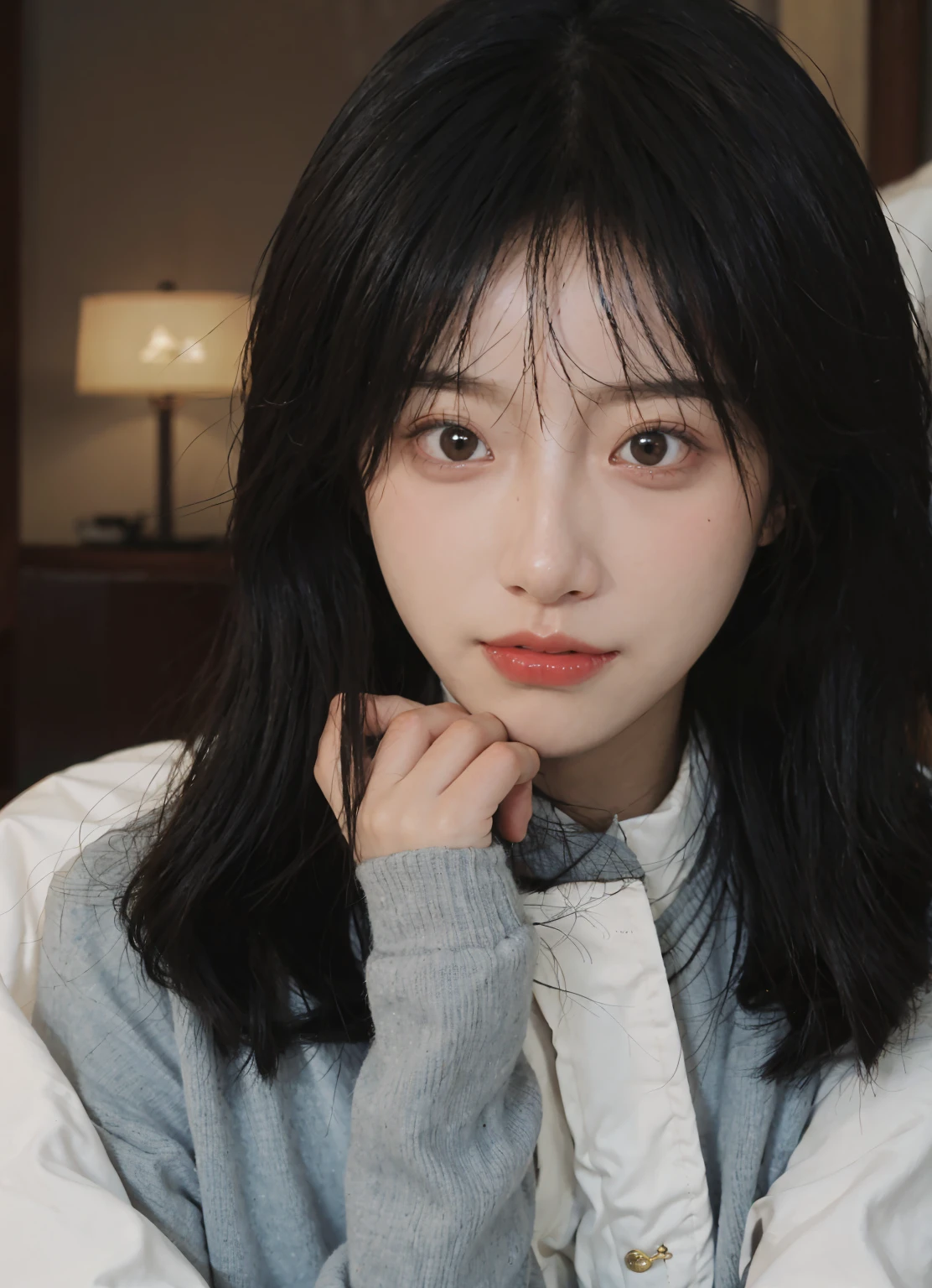 Best quality,超高分辨率,(realistically:1.4),a woman in black silk,It's snowing,Soft portrait shooting 8K,She has black hair,through bangs,young lovely Korean faces,Cute Korean face,Urzans,Shin Jinying,beautiful aesthetic face,Korean facial features,soft round face,Liu Li Zhien plays the super villain,beautiful realistic face