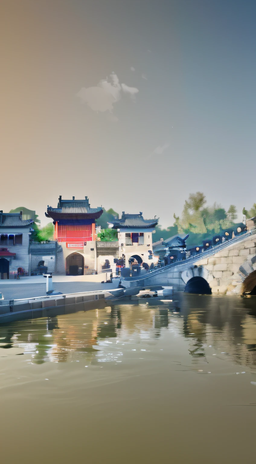 Alfeld Bridge over the river,There is a boat in the water, Tang Dynasty Palace, zhouzhuang ancient town, China Village, turban, Chinese big breasts, Beautiful image, ancient buildings of China, Beautiful renderings of the Tang Dynasty, historical context, by Ni Yuanlu, Dream Chinatown, girl, guangjian, booru, Chinese heritage, gujian